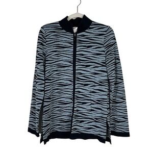 Exclusively Misook Animal Print Full Zip Cardigan Sweater Acrylic Blue Top Small